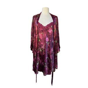 Vintage Burgundy Floral Satin Nightgown & Robe Set L/XL Satin Velvet Burnout